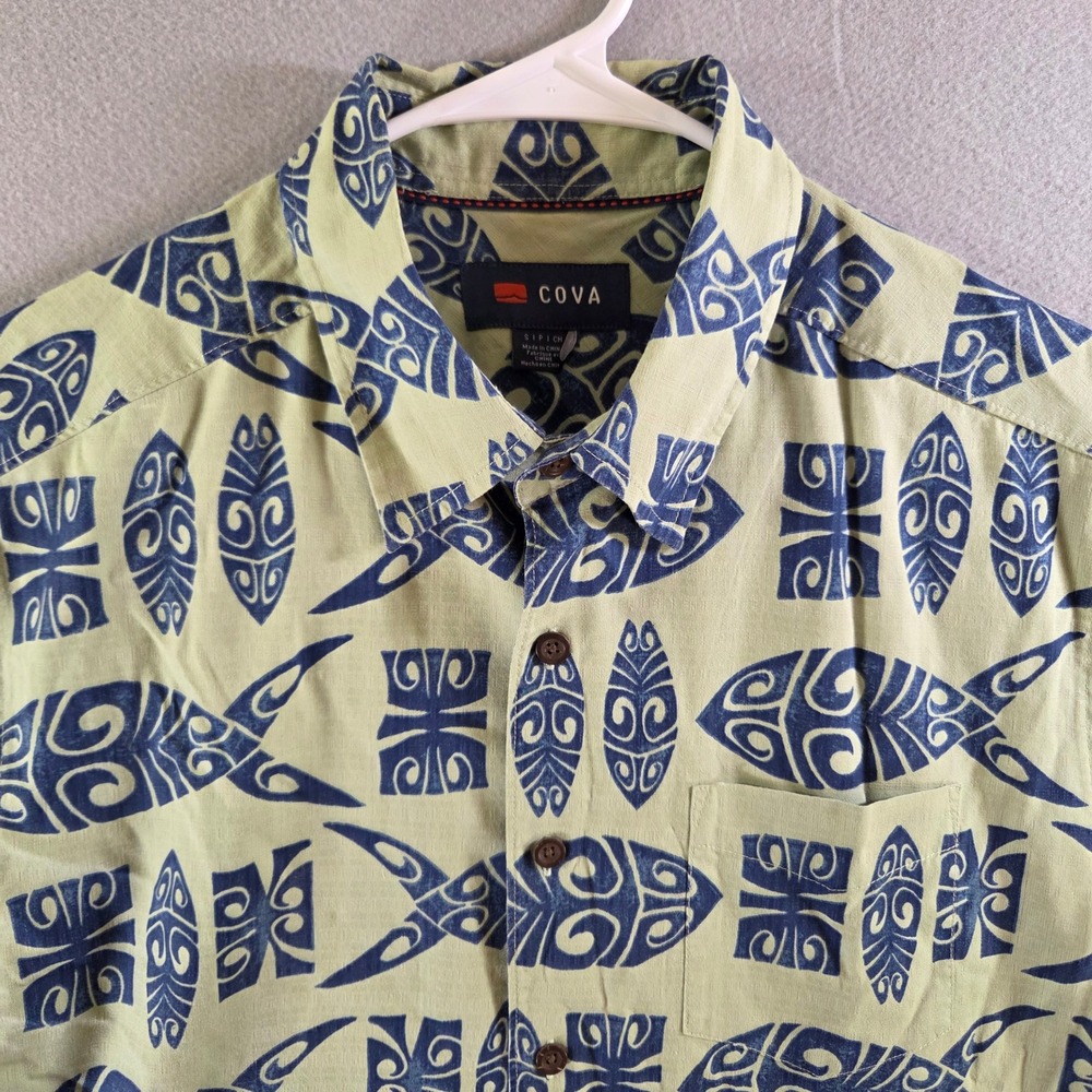 COVA Short Sleeve Hawaiian Tribal Fish Print Button Down Camp Shirt Green Blue S